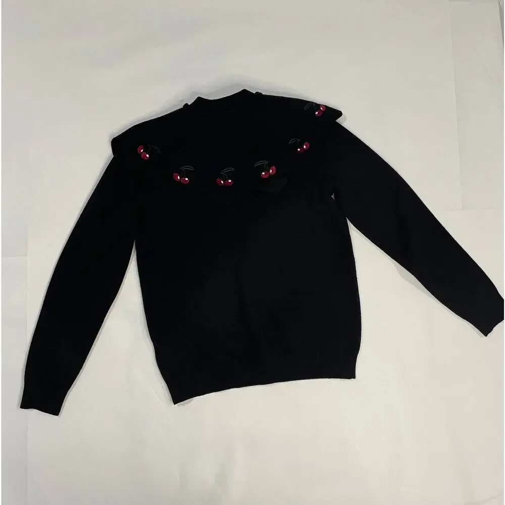 Girls Black Cardigan Sweater with Cherry Peter Pan Collar Tie Neck Size 12‎